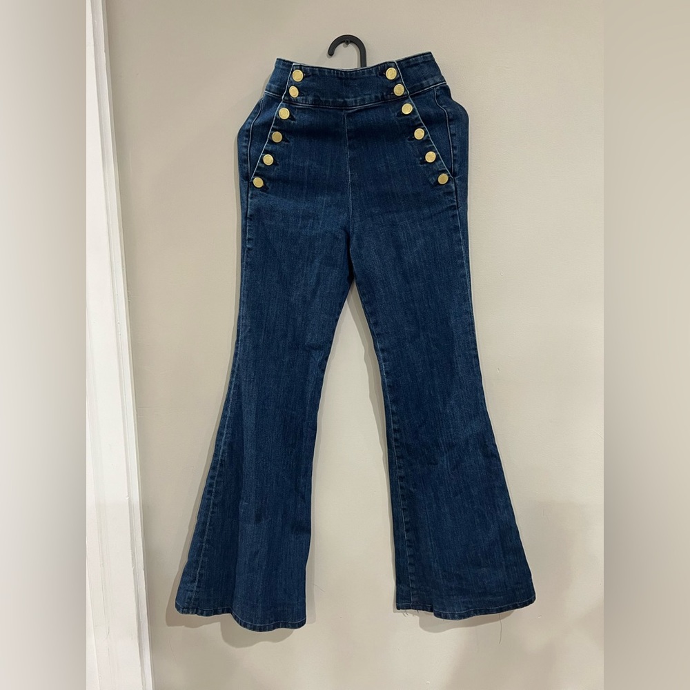 Ramy Brook Dark Blue Romee High Waisted Flare Jeans with Gold Buttons